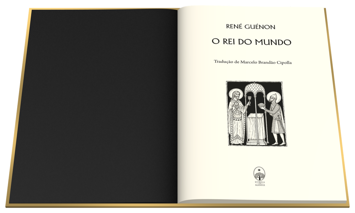 O Rei do Mundo aberto na folha de rosto, com a gravura da capa